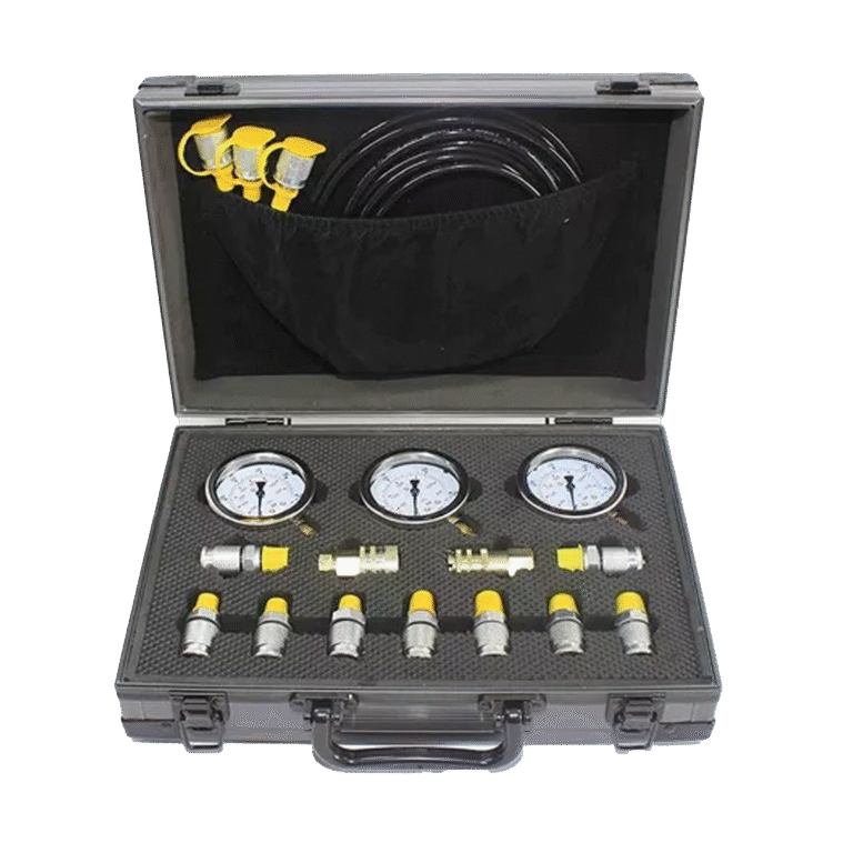 Kit de manómetros hidráulicos con acoples y mangueras para control de presión en sistemas hidráulicos.