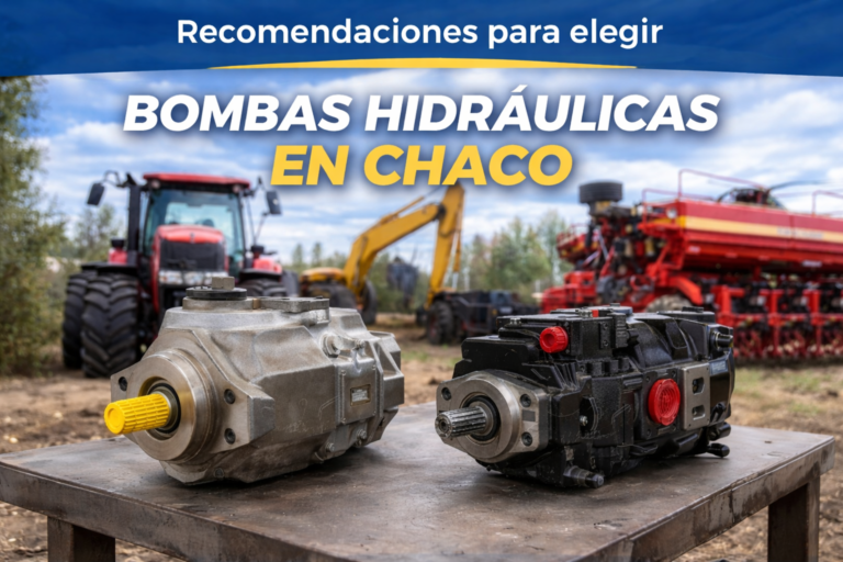 Bombas hidráulicas industriales ubicadas frente a maquinaria agrícola en un entorno rural, ilustrando su uso en sistemas hidráulicos en Chaco